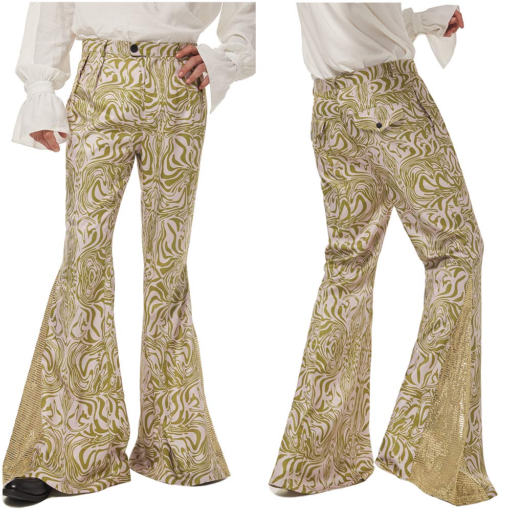 1970s Retro Vintage Disco Mid Waist Bell Bottom Super Flares Printed Long Pants