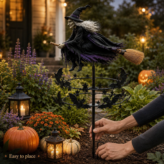 🔥49% OFF Last Day🧙♀️ Enchanted Witch Garden Spinner – Halloween Flying Witch & Bat Yard Stake Decor