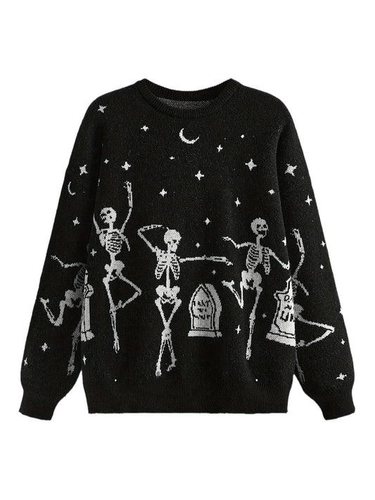 Casual Wear) Women's Gothic Halloween Skeleton Dance Party Sweater - Cozy Polyester Long Sleeve Knit Pullover with Round Neck, Machine Washable, Perfe