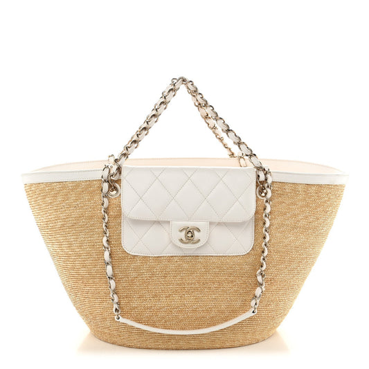 Raffia Braided Lambskin Large Wicker Tote Beige White