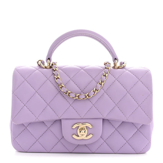 Lambskin Quilted Mini Top Handle Rectangular Flap Light Purple