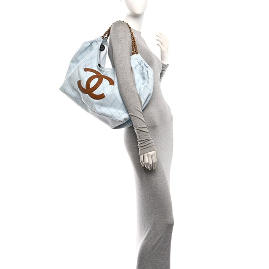 Denim Calfskin Quilted Coco Beach Small Shopping Tote Light Blue Brown