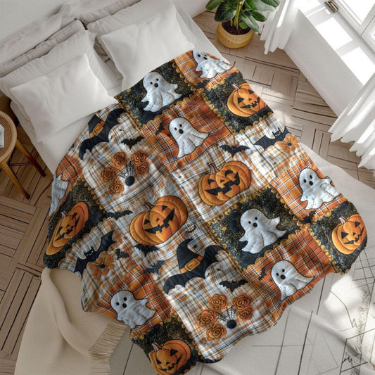Vintage Plaid Pumpkin Ghost Bat Patchwork Halloween Flannel Throw Blanket